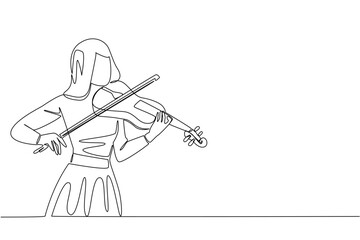 Single continuous line drawing a woman in casual clothes is playing the violin. Dress rehearsal for perfect performance. Beauty musician. Melody. World Fiddle Day. One line design vector illustration