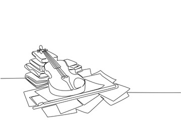 Single one line drawing violin on sheets of notation and stacks of old books. Looking inspiration for melodious tunes. Soothing chants. World Fiddle Day. Continuous line design graphic illustration © Simple Line