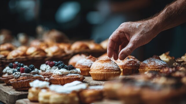 customer reaching for pastries in sharp focus rest of bakery fades out. - Powered by Adobe