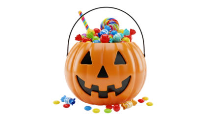 Halloween pumpkin candy bucket filled with assorted sweets isolated on transparent background