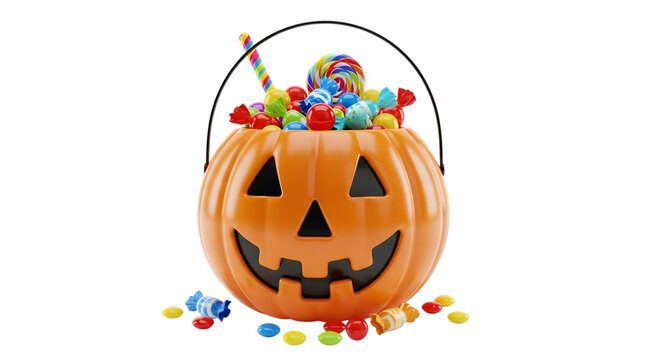 Halloween pumpkin candy bucket filled with assorted sweets isolated on transparent background