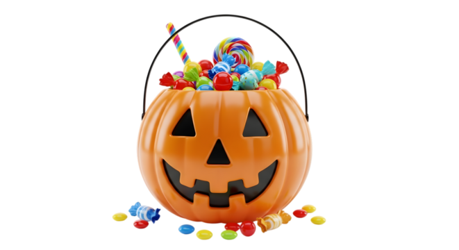 Halloween pumpkin candy bucket filled with assorted sweets isolated on transparent background - Powered by Adobe