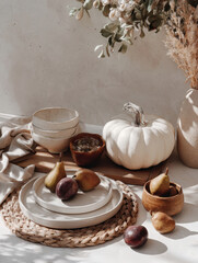 Rustic autumn still life with pears and pumpkins. Seasonal decoration and cozy table setting creating a festive and warm atmosphere.
