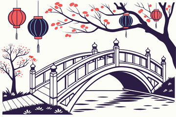 Japanese Bridge With Lanterns And Cherry Blossoms red lantern