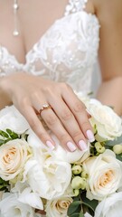 Close-up of bride's hand with ring and bouquet