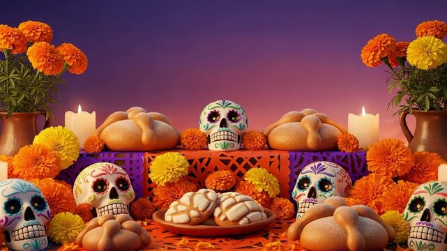 Colorful Altar Display Featuring Sugar Skulls, Pan de Muerto, and Marigolds for D&iacute;a de los Muertos Celebration with Vibrant Background and Candles