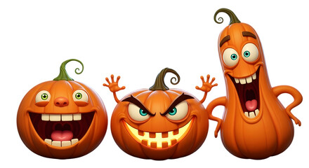 Three cartoon pumpkins with funny faces isolated on transparent background