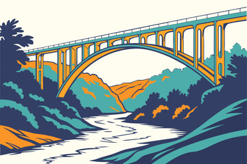 Orange and teal bridge over a winding river landscape