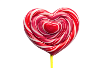 Swirled red and white heart shaped lollipop with a smaller red heart center isolated on transparent background