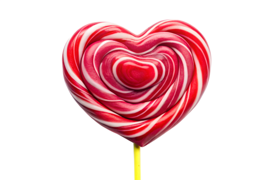 Swirled red and white heart shaped lollipop with a smaller red heart center isolated on transparent background