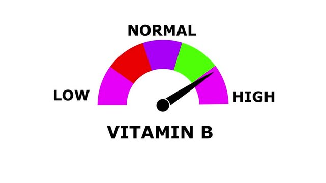 Animated Vitamin B Meter Showing decrease or icrease from low to High Levels.ideal for concepts related to vitamin B deficiency, nutrition and bone health