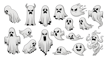 Collection of various cartoon ghosts isolated on transparent background