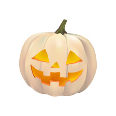 Carved white pumpkin with glowing orange face for Halloween, a festive and spooky decoration