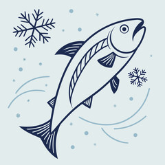 Salmon jumping in winter, surrounded by snowflakes and icy water swirls