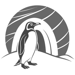 Penguin standing in front of an abstract iceberg, monochrome illustration