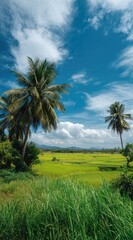 Lush green rice fields under a vibrant blue sky dotted with fluffy clouds and palm trees