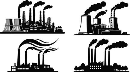 Industrial factory, power plant, pollution smoke, energy production, carbon emission, climate change, environment impact, industry silhouette, air pollution, manufacturing plant