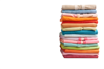 A tall stack of neatly folded colorful towels and washcloths isolated on transparent background