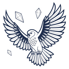 Flying owl with spread wings and crystals