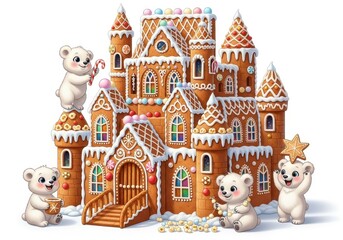 Fototapeta premium Four cartoon polar bears decorating a large gingerbread castle with candy and cookies image