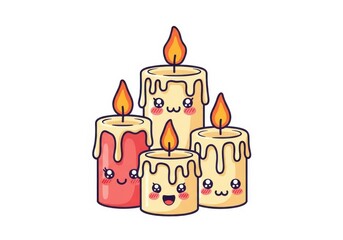 Four cute kawaii candles with faces and flames on background image