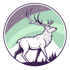 Elegant deer with aurora borealis in a circle