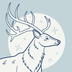 Deer with large antlers against a starry moon, line art illustration