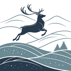 Deer jumping over snowy hills in winter season