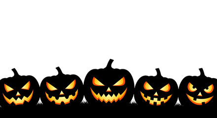 Five jackolanterns with carved faces isolated on transparent background