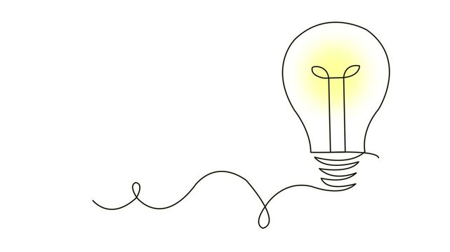 A continuously drawn line forms a glowing light bulb with a bright yellow filament, representing an idea, innovation, or inspiration, with a trailing wire that curls and loops abstractly against a cle