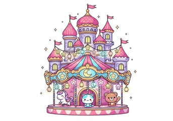 Fototapeta premium Kawaii castle carousel with unicorn cat and bear characters image