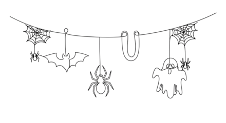 Halloween garland with spiders, bat, ghost, and letters isolated on transparent background