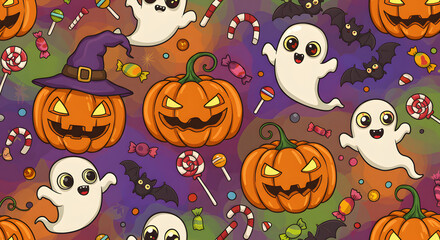 Halloween Pattern Background with Pumpkins Ghosts