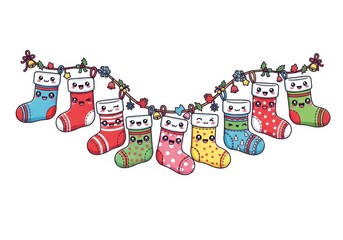 Kawaii Christmas Stockings Garland with Bells and Holly cute