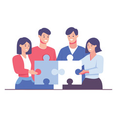 Fototapeta premium Diverse team of four people collaborating to solve a puzzle