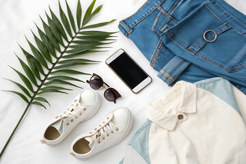 striped shirt with white shoes,jeans, sunglasses ,bag, hat isolated 
