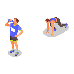 Athletic man drinking water after training and man in starting position for running race
