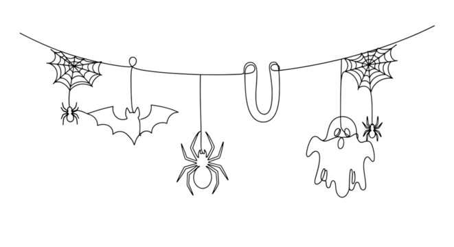 Halloween garland with spiders, bat, ghost, and letters isolated on transparent background
