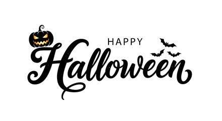 Happy halloween text with pumpkin and bats, isolated on transparent background