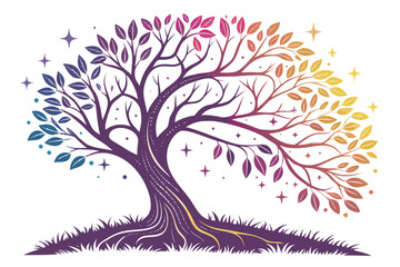 Rainbow gradient tree with sparkling stars leaves branches