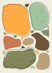Abstract pebble artwork with organic stone shapes in mustard yellow, sage green, taupe, and earthy brown tones. Perfect for modern posters, wall art, textiles, packaging, or stylish home decoration.