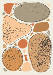 Abstract pebble artwork with organic stone shapes in warm beige, brown, and orange tones. Perfect background for posters, wallpaper, decor, cards, packaging, and modern print design.