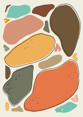 Organic pebble artwork with abstract shapes in orange, brown, yellow, and green tones. Perfect background for posters, wallpaper, cards, decor, packaging, invitations, and modern prints.