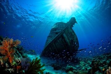 Sunken Shipwreck with Coral Reef Underwater Scene