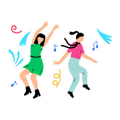 Fun illustration of two women dancing energetically with musical notes and confetti, celebrating joy