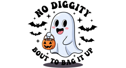 Cute ghost holding candy bucket with bats and text isolated on transparent background