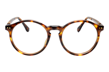 Stylish tortoiseshell round eyeglasses with clear lenses isolated on transparent background