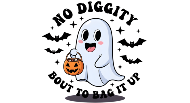 Cute ghost holding candy bucket with bats and text isolated on transparent background