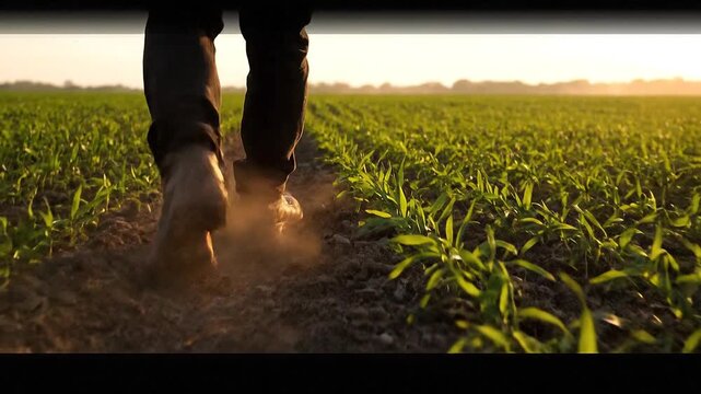 Farmers Boots Walking Through a Young Cornfield at Sunset.