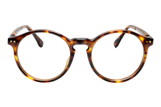 Stylish tortoiseshell round eyeglasses with clear lenses isolated on transparent background